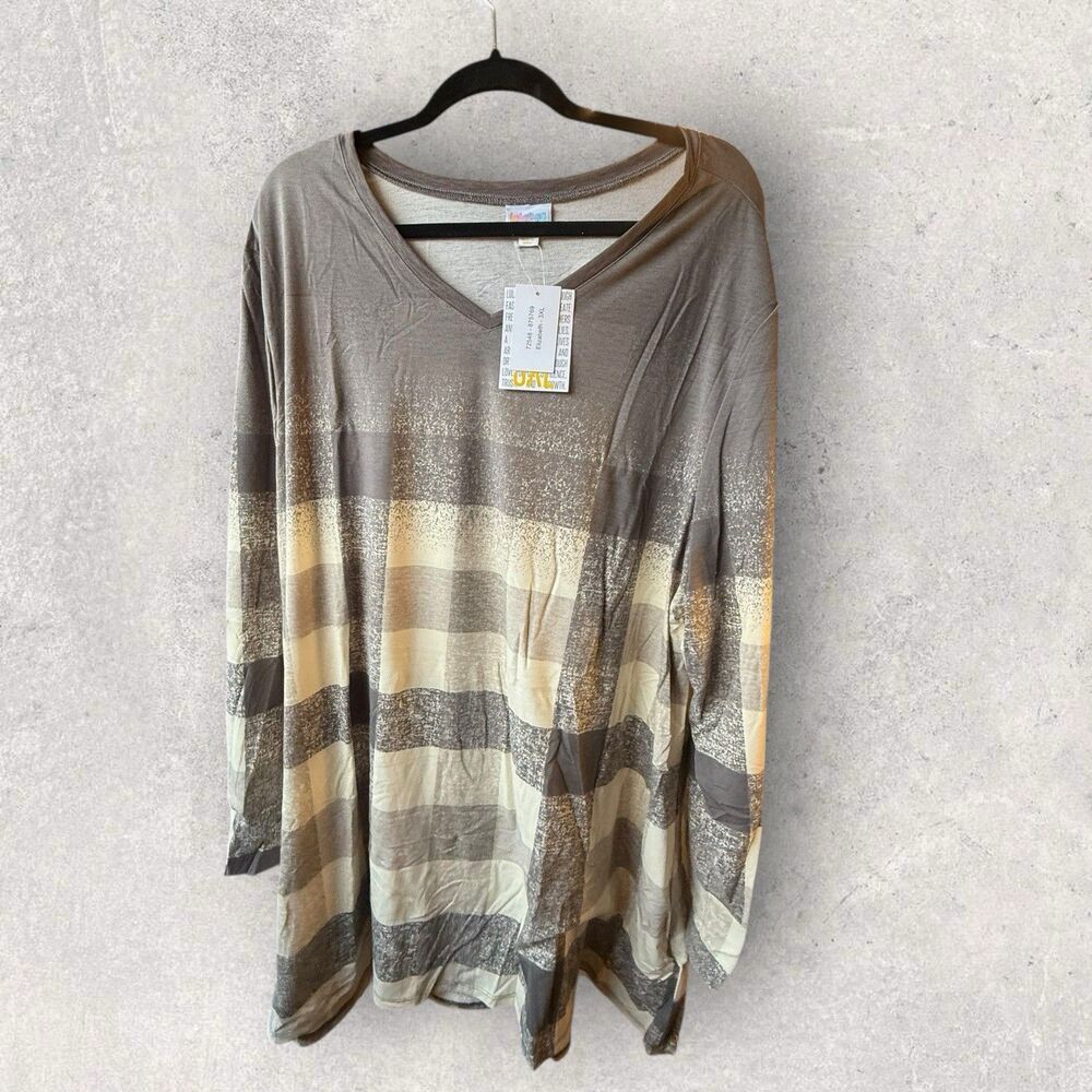 LulaRoe Elizabeth V-neck Long Sleeve 3XL Gray And Beige Stripe  Print NWT